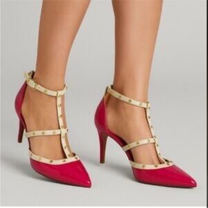 Halogen Pink and Cream Studded T Strap Heels